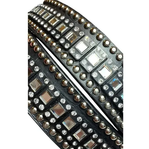 Western Rhinestone Crystal Belt Black Genuine Leather Croc Embossed Studded SM - Picture 3 of 15